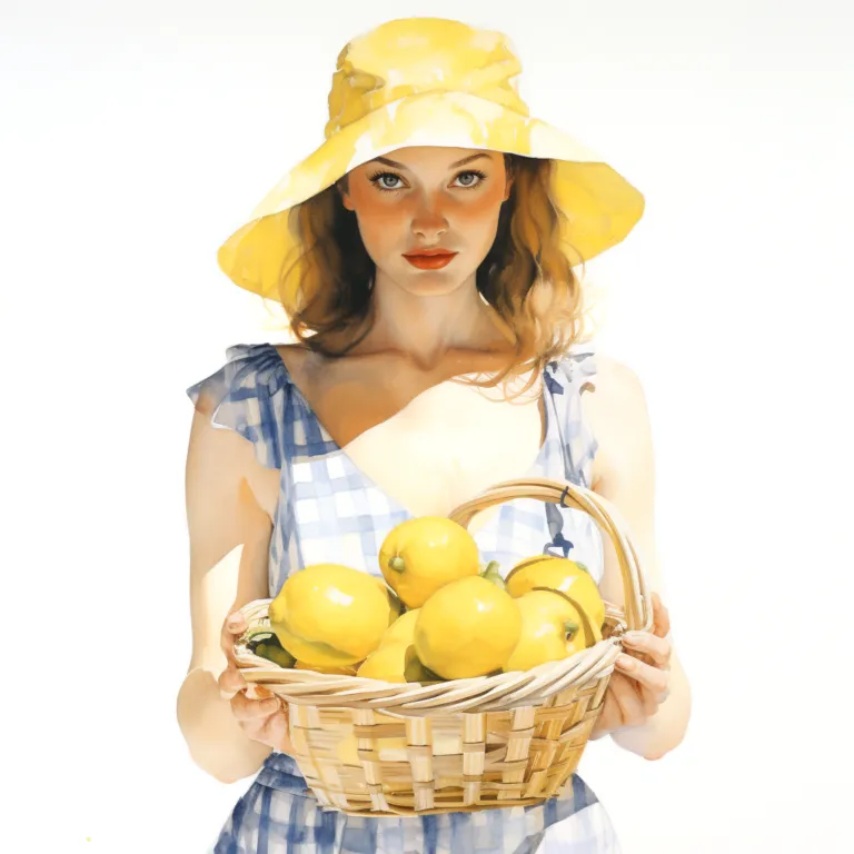 Lemon with yellow hat holding basket of lemons